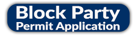 Block-Party-Permit-Application sign with white letters over blue background